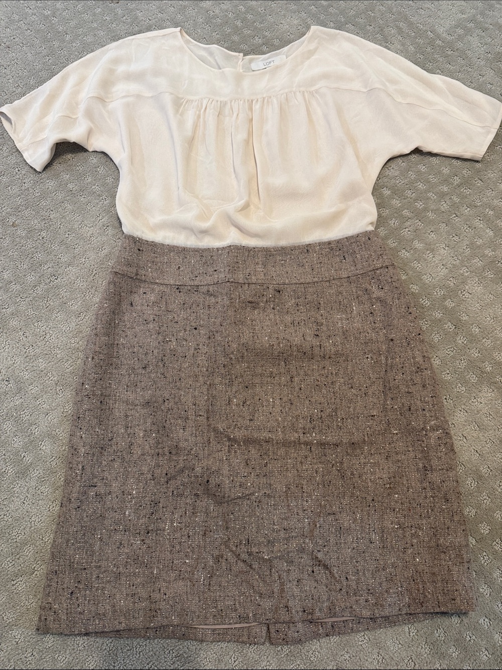 LOFT Khaki Brown Tweed and Sheer Cream Pencil Classic Career Dress